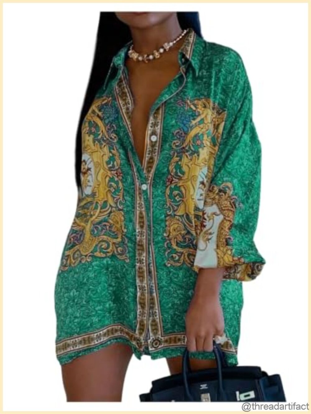 SOLY HUX Women's Graphic Print Button Down Collared 3/4 Sleeve Blouse Casual